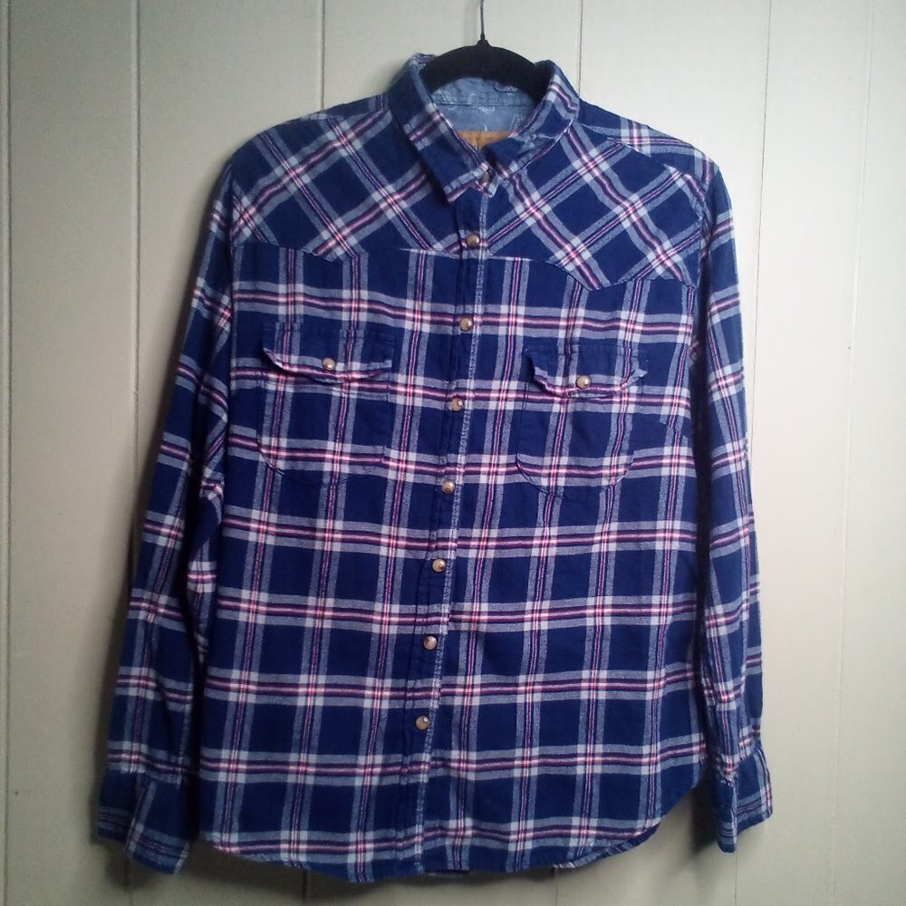 Jachs Girlfriend Pearl Snap Shirt M Long Roll Tab Sleeve Flannel Plaid Blue Red
